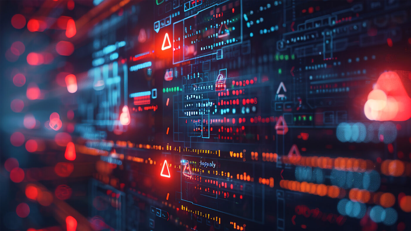 Urgent Cybersecurity Breach Alert on Computer Screen - Critical Security Threat Warning with Red Lights and Messages