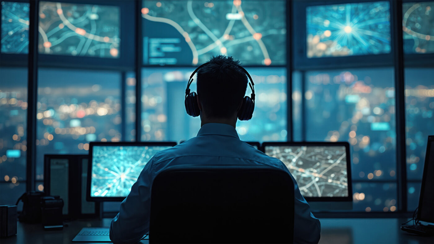 Air traffic controller in headset manages communications in airport tower. Pro works with multiple desktop screens displaying navigation flight data