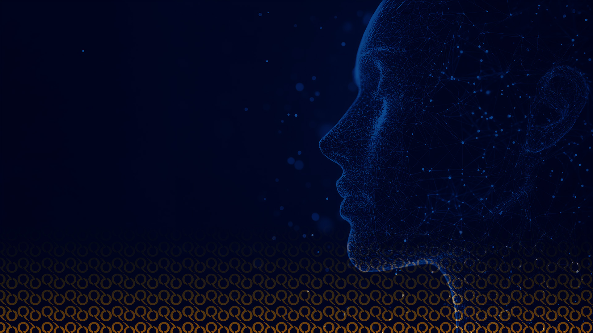 A wireframe portrait of a woman's face, made up of lines and dots, against a dark background with glowing particles.