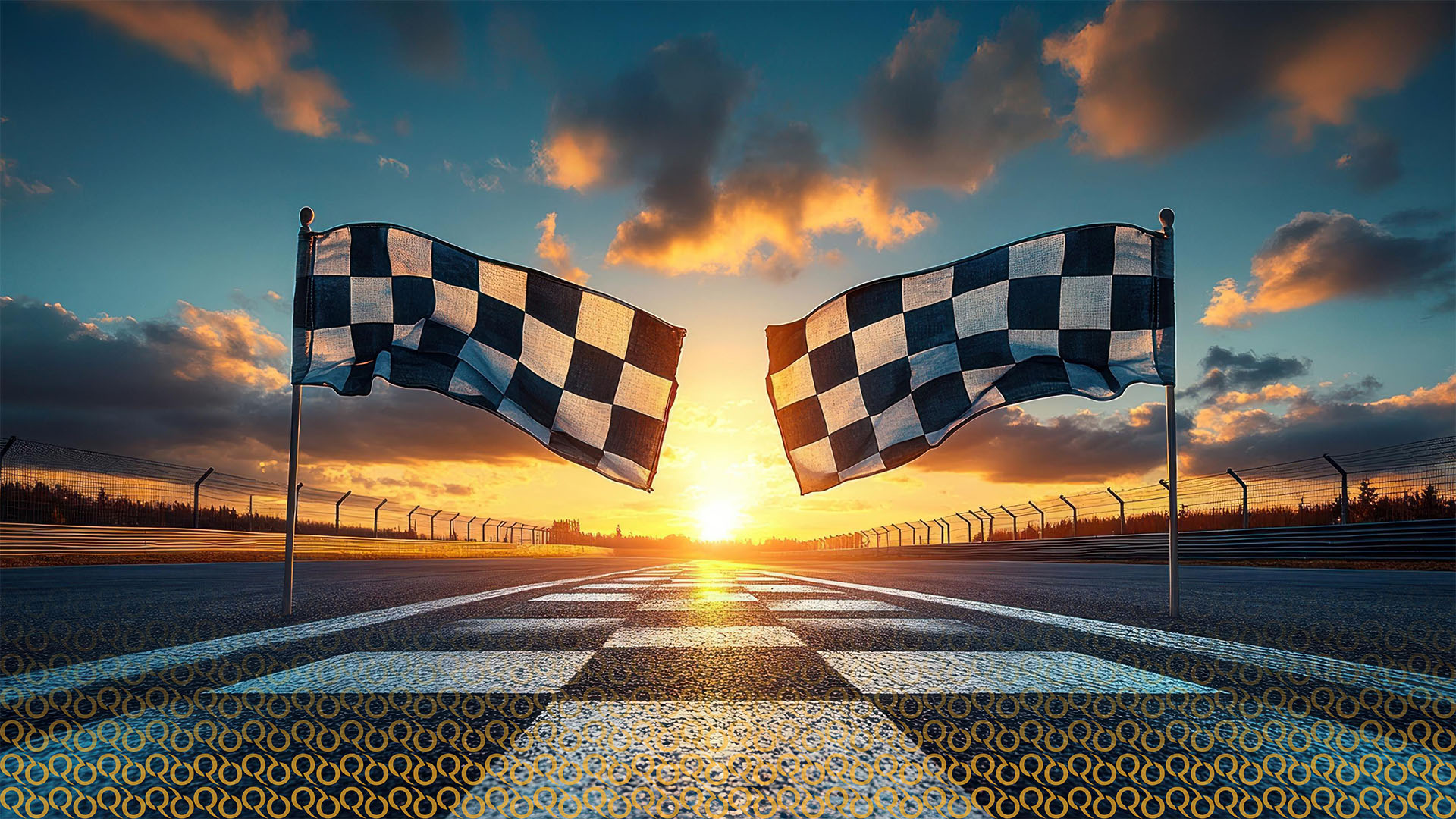 Race track finish line with setting sun on the horizon