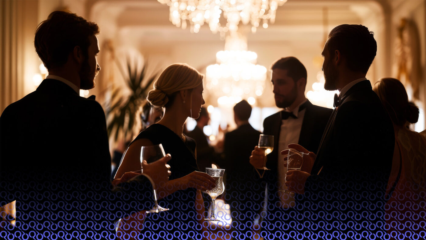 People in formal evening wear holding wine glasses and engaged in conversation.