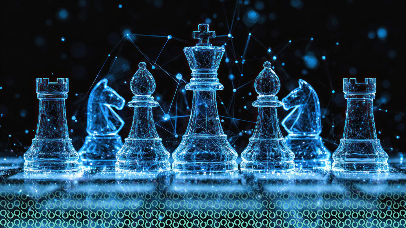 Digital chess board with a overlaid network suggesting technical application and strategy