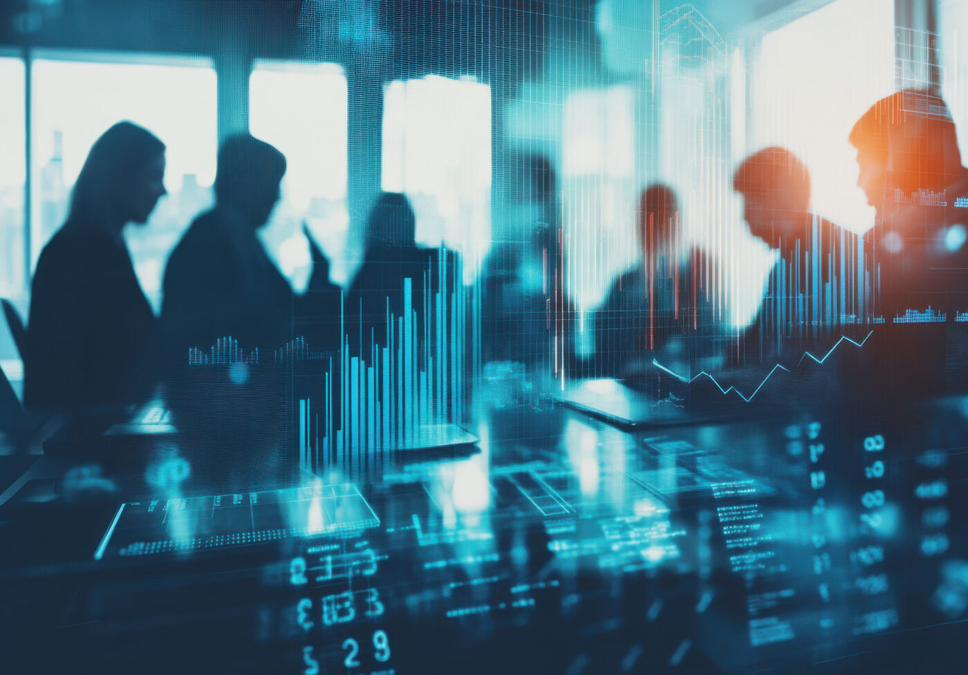 Market Analysis and Financial Metrics: Double Exposure of Team with Overlay of Data, Emphasizing Financial Decision-Making