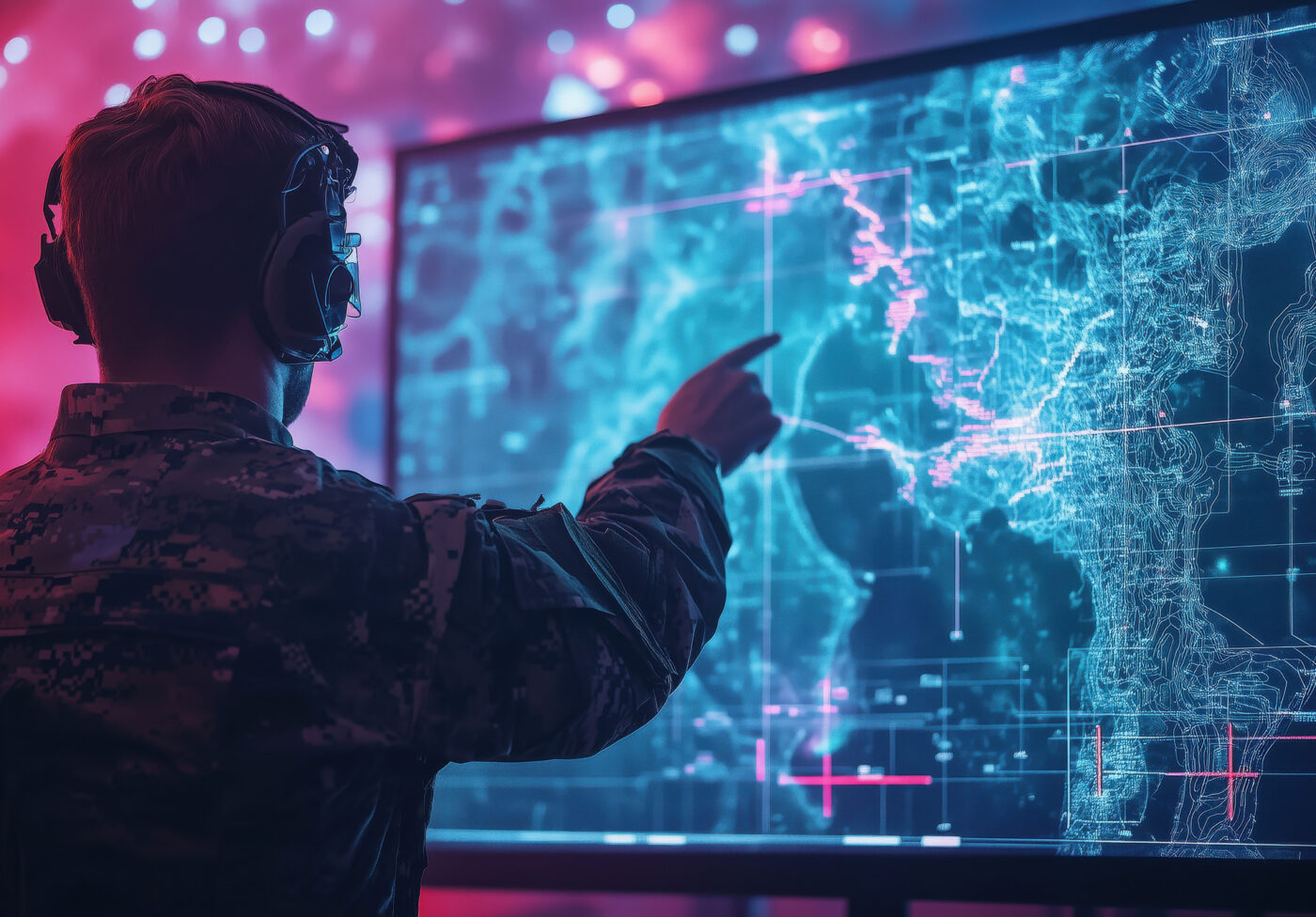 Military personnel analyzing digital map on high-tech screen in command center