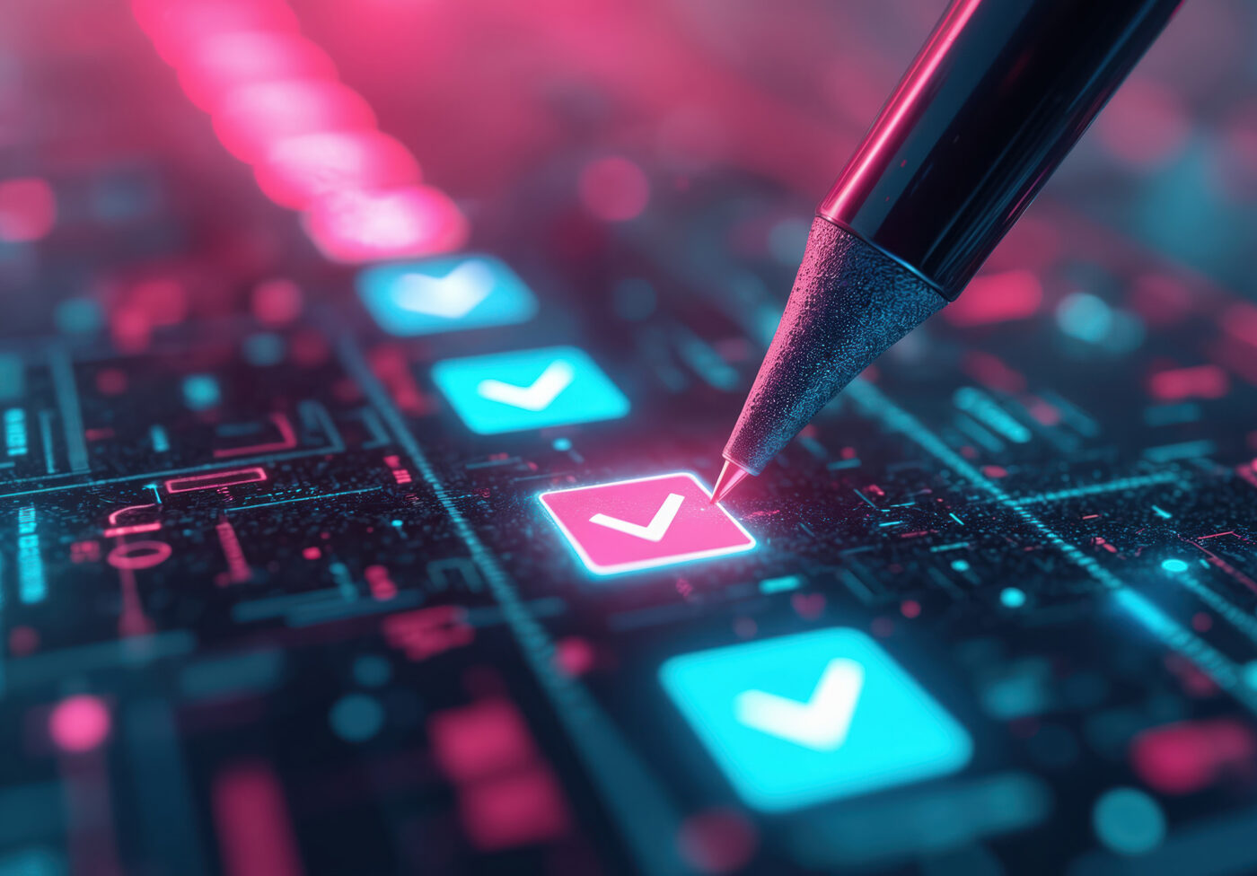 Online survey form with answer options in digital futuristic style. Pen marks checkbox button with checkmark.