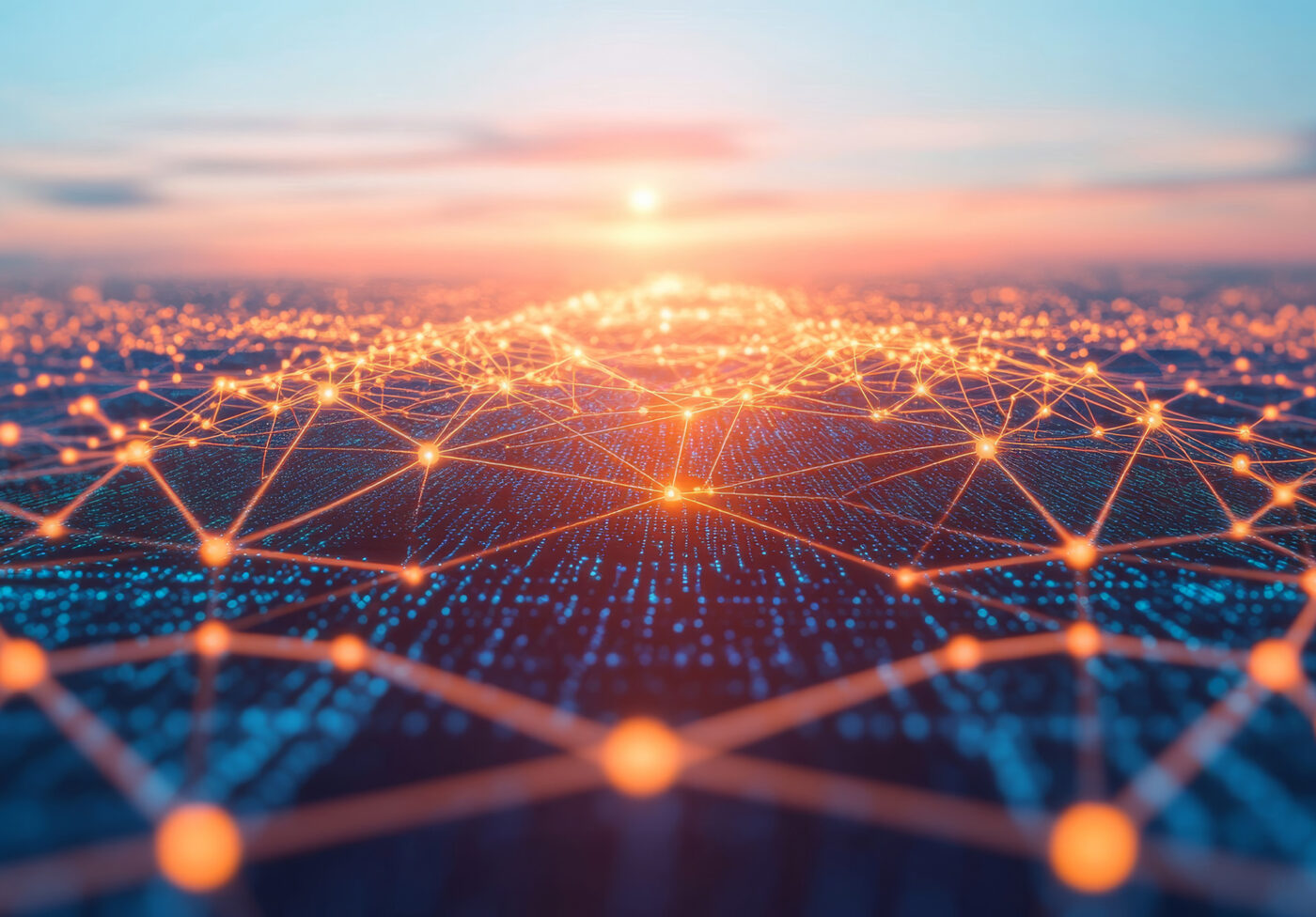 glowing network of connected dots and lines forms abstract digital landscape against sunset sky, symbolizing technology and communication