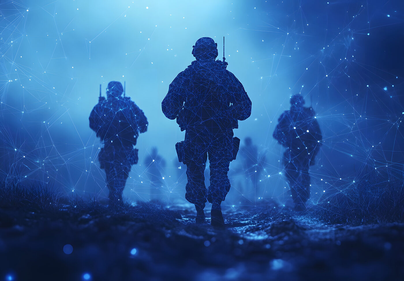 Stylized digital soldiers on a mission, outlined by interconnected lines in a futuristic field. Predominantly blue, enhancing technological feel.