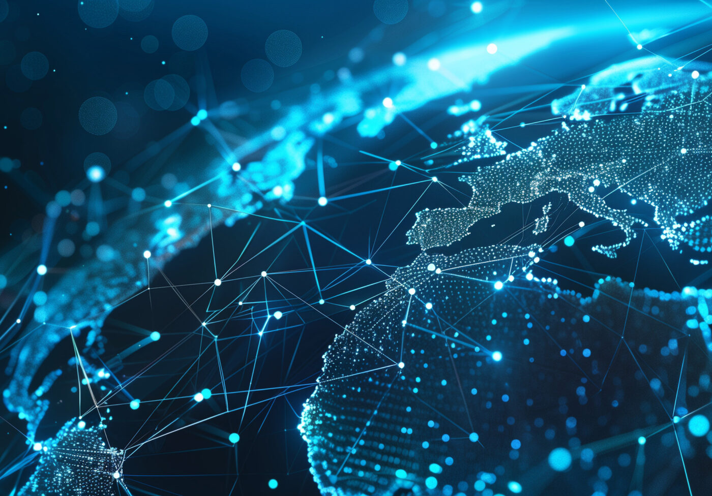 Reflection Abstract digital world map, concept of global network and connectivity on Earth, data transfer and cyber technology, information exchange