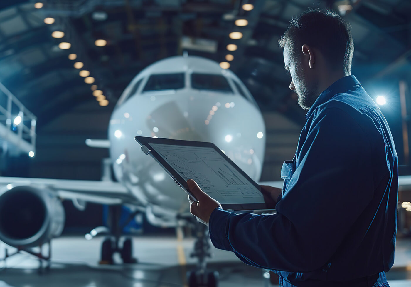 Innovative engineer managing aircraft assembly in hangar using digital tablet. copy space for text.