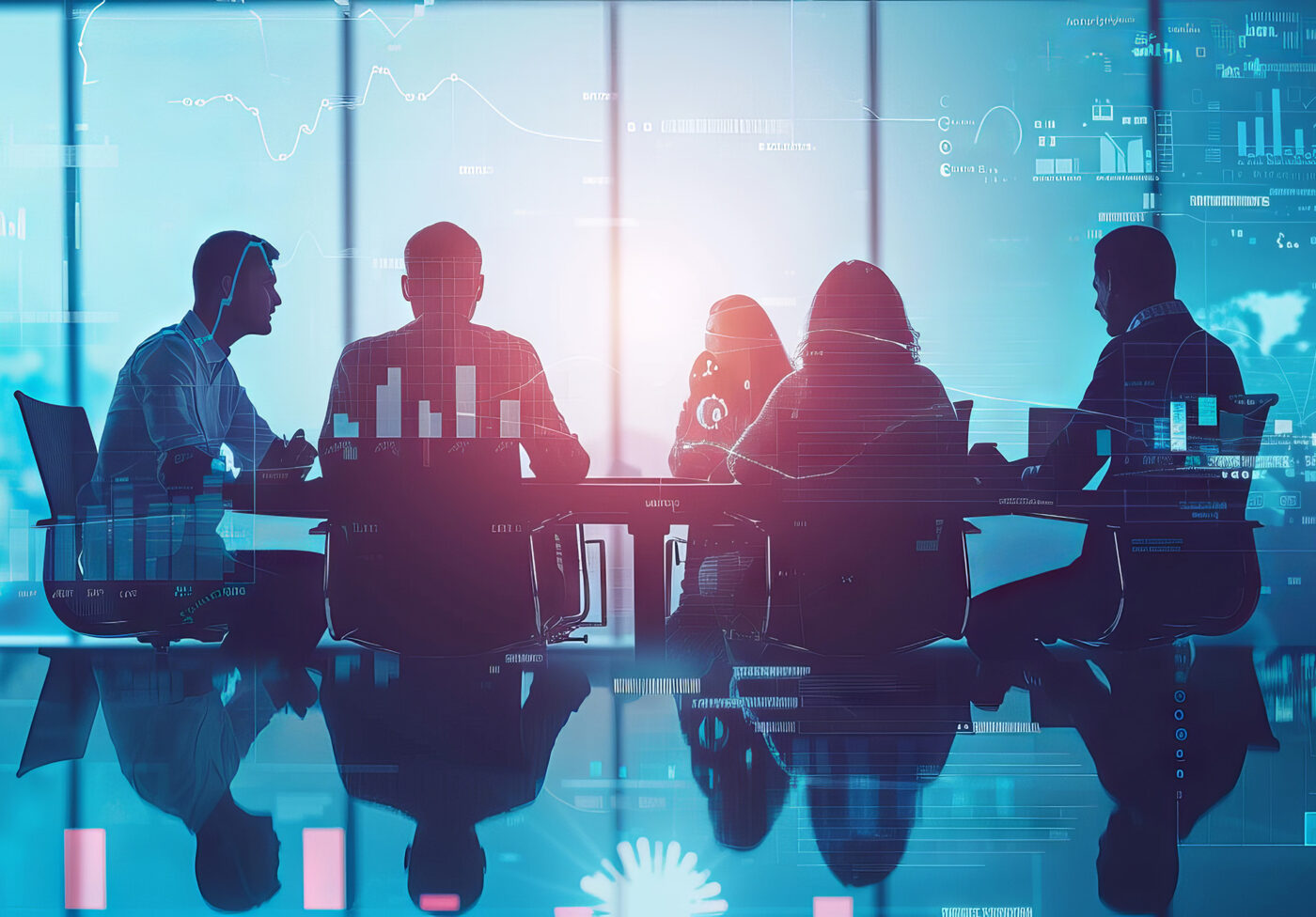 Corporate team strategizing in a collaborative meeting with digital technology tools for advanced marketing data analysis and informed investment decision-making