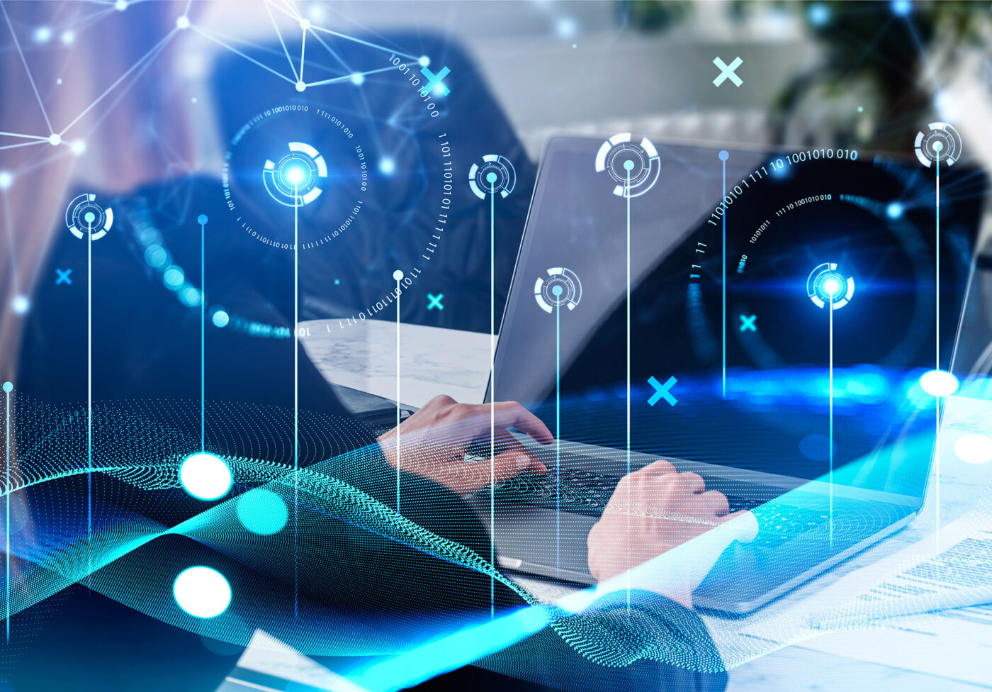 Woman hands typing on laptop, metaverse hologram, digital network and binary