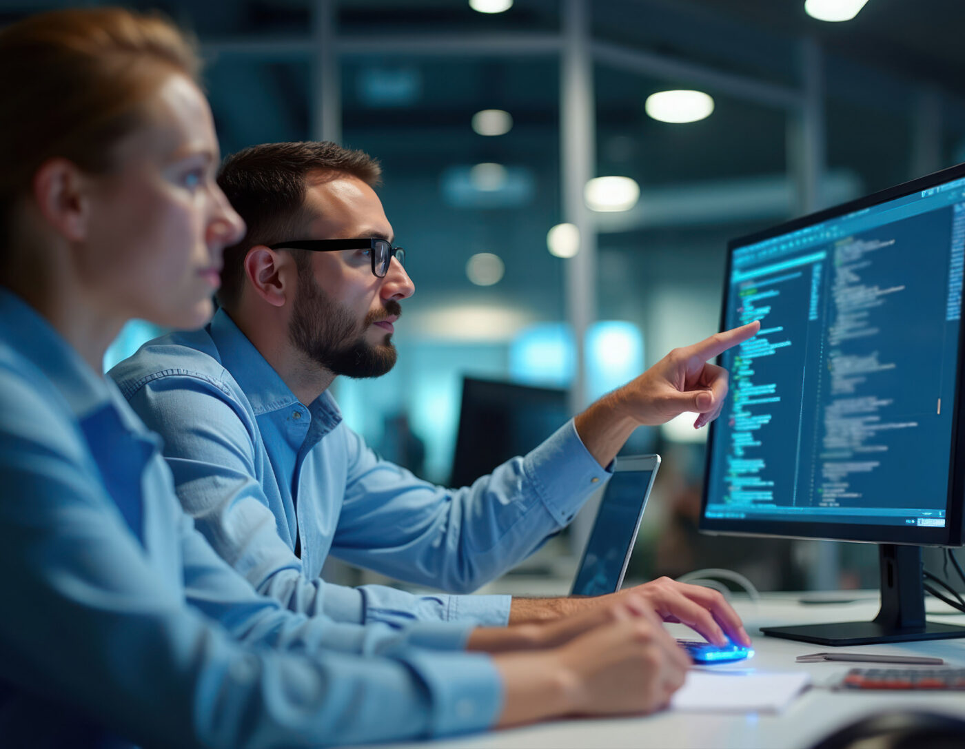 Two software engineers collaborate at office desks, analyzing code on multiple computer monitors. Teamwork in tech industry, men, women programmers working on project. Data analysis, digital