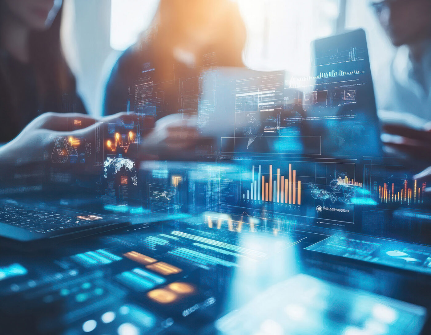 Corporate team strategizing in a collaborative meeting with digital technology tools for advanced marketing data analysis and informed investment decision-making in a modern business environment
